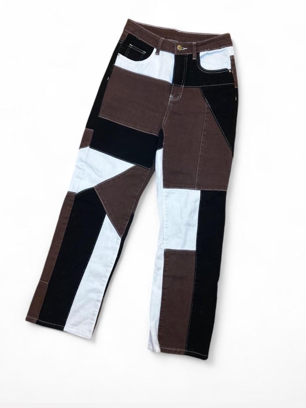 Icon High-Waist Cut And Sew Patchwork Jeans size Small - White, Black, Brown
